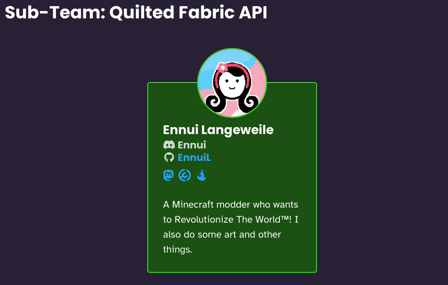 A screenshot of the Quilted Fabric API team on the Teams page, showing Ennui all by herself